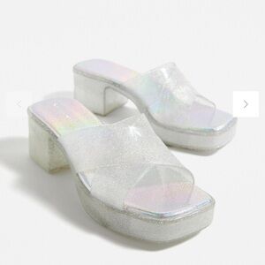New Jeffrey Campbell Bubblegum Silver Iridescent Glitter platform sandals